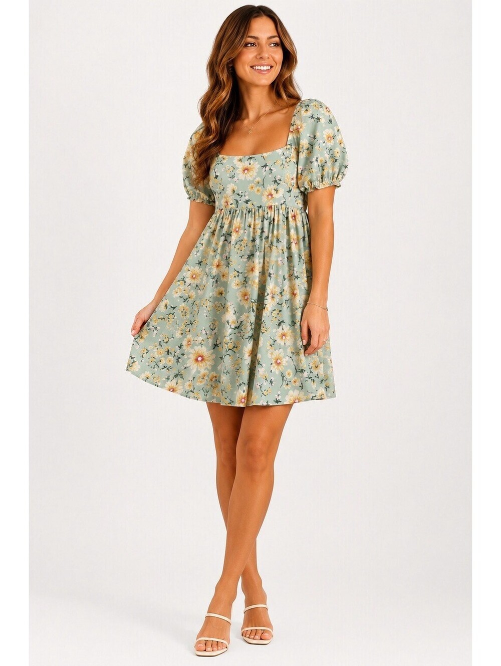 Altar’d State Floral Babydoll Mini Dress Puff Sleeve Sage Green Medium